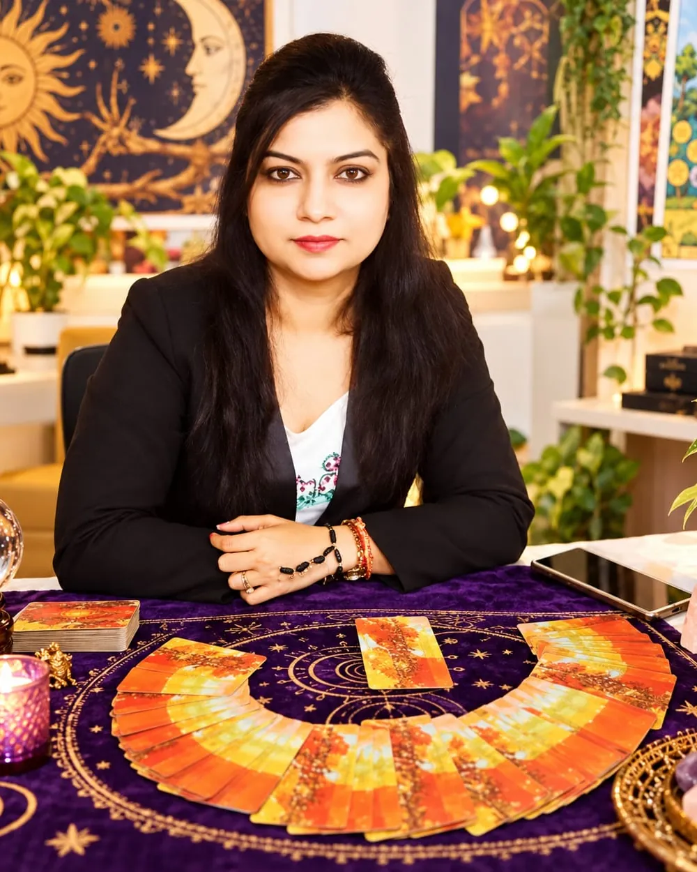 Portrait of Binaca Patel at her tarot reading table